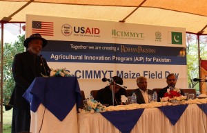 Dr. Abdur Rahman Beshir, CIMMYT maize improvement and seed systems specialist, speaking at the introduction of new, high-yield maize varieties at NARC in Islamabad. Photo: Sana Jamal