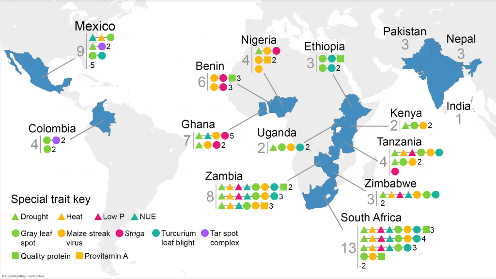 Map of varieties commercialized by MAIZE partners in 2015, with special traits shown per variety. *Provitamin-A enriched varieties based on MAIZE germplasm were released under Agriculture for Nutrition and Health (A4NH) in 2015.